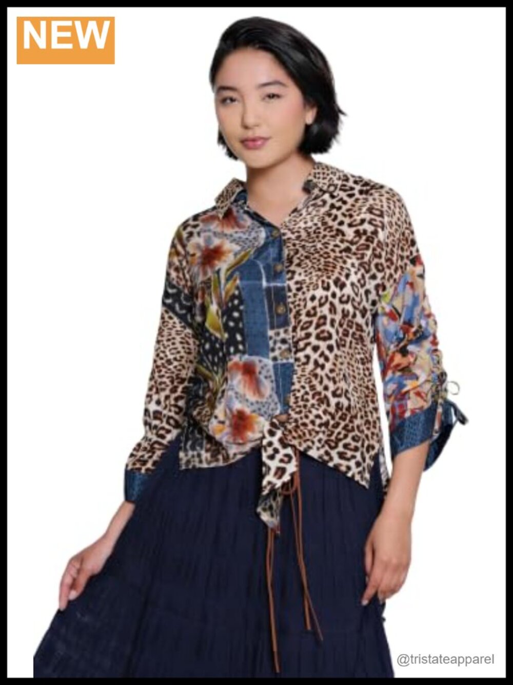 Tropical Button Down Blouse with Tie Front 3/4 Sleeves